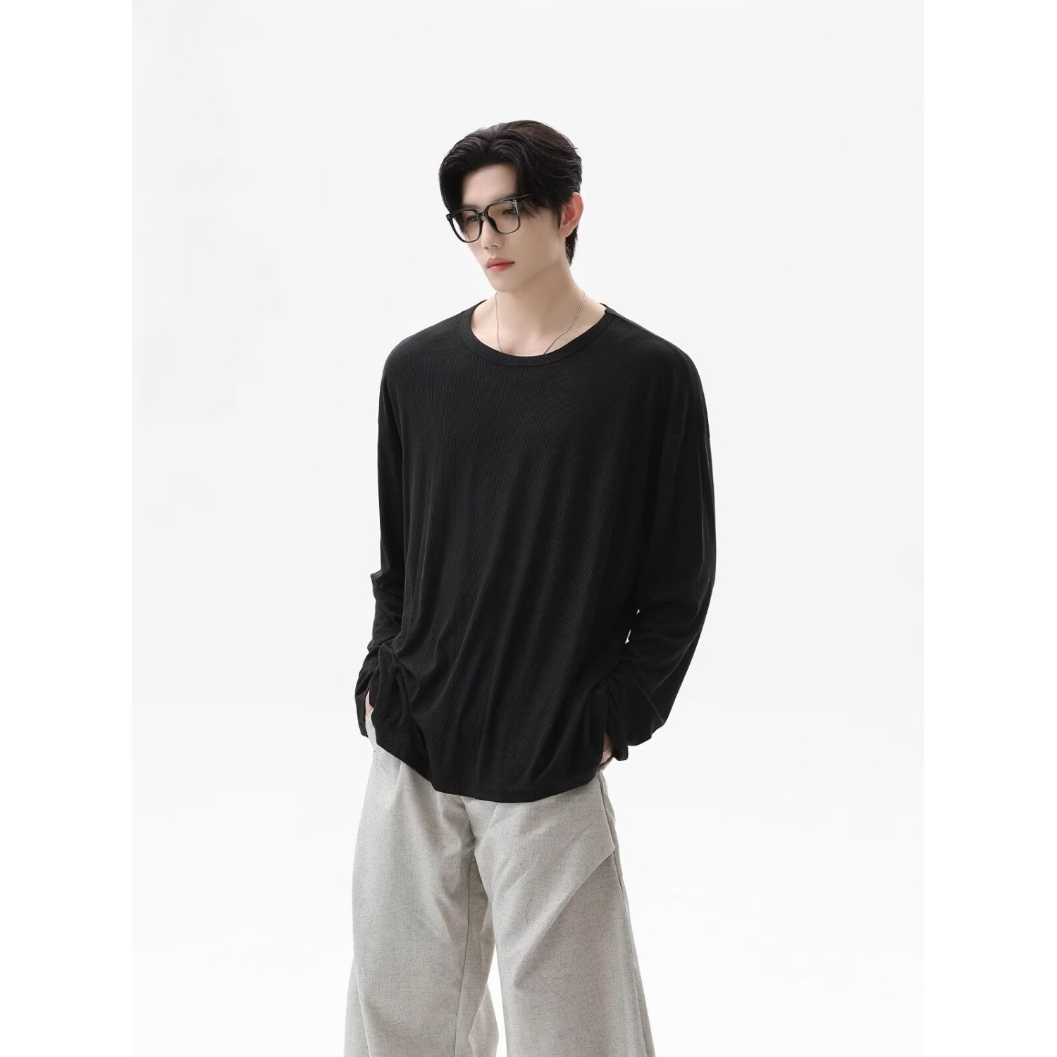 Kaos Lengan Panjang Tekstur Ba - Undershirt Crew Neck ulasan dan harga